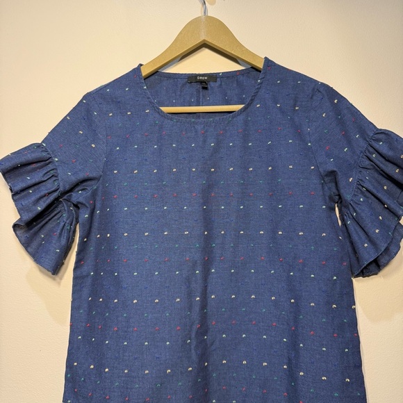 DREW Navy Blue And Multicolored Polkadot Ruffle Sleeve Top in size XS - Picture 2 of 7